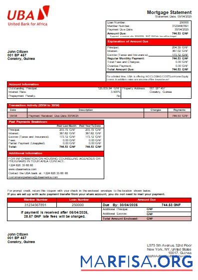 Blank Guinea UBA Bank mortgage statement scr template